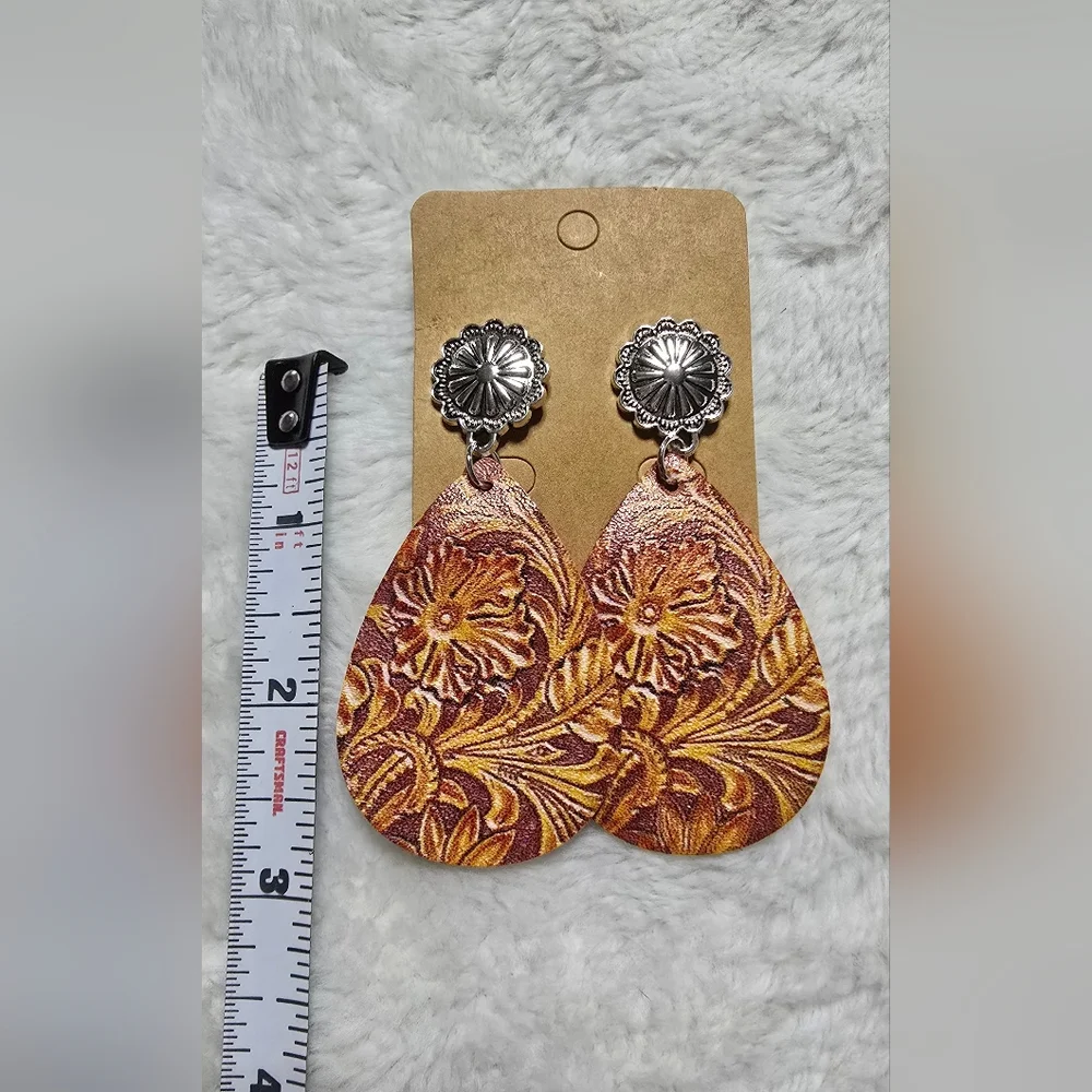Tear Rain Drop Dangle Earrings Boho Floral Ring Western Cowgirl - Picture 4 of 5
